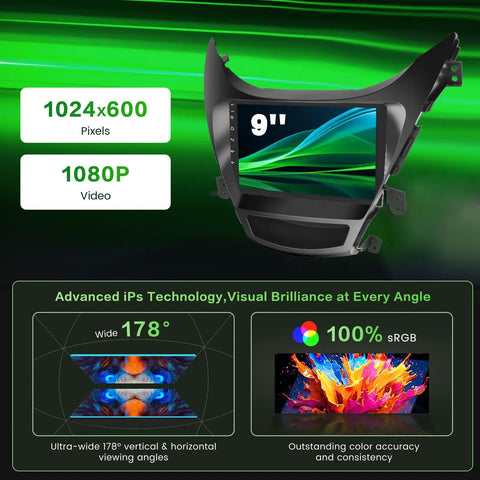 Hyundai Elantra 2011 2012 2013 Android Car Stereo With 9 Inch Touch Screen Slick Dash Kit on green background, features displayed