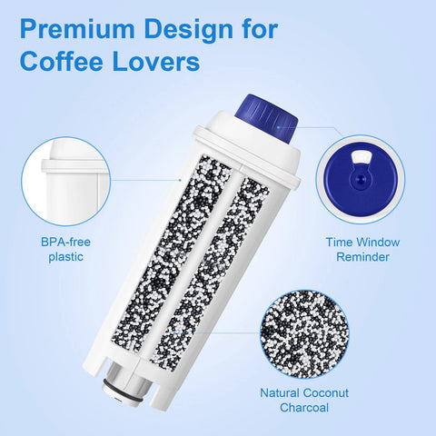 Molifal water filter cartridge for De'Longhi coffee machines; white housing, blue cap, coconut charcoal beads