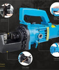 Electric Hydraulic Rebar Cutter 4 To 25 mm Portable Steel Cutting Tool with blue handle and core motor details shown