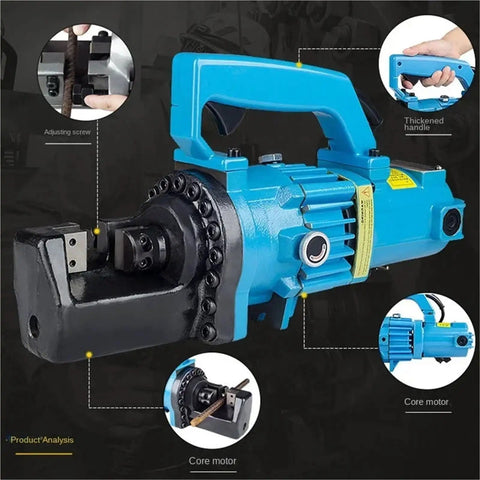 AOXHUGB Portable Electric Rebar Bender Cutter Machine With Powerful Copper Motor, showing blue metal handle and cutting head.