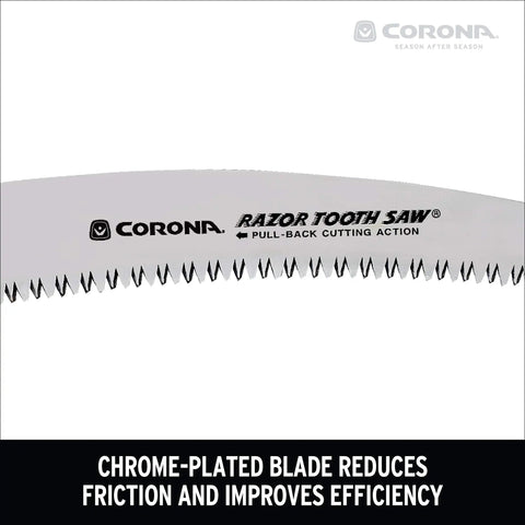 RazorTOOTH Pruning Saw For One Handed Use With Curved Blade close-up, showing chrome-plated blade and 3 sided razor teeth.