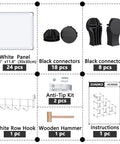 Contents of Sixteen Cube Storage Organizer with white panels, connectors, hooks, anti-tip kit, wooden hammer, and instructions.
