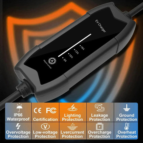 Portable Ev Charger Type 2 To Nema 515 Plug 16 Amp 110 Vac With 16 Foot Cable Ip65 Rated device showing adjustable current features.
