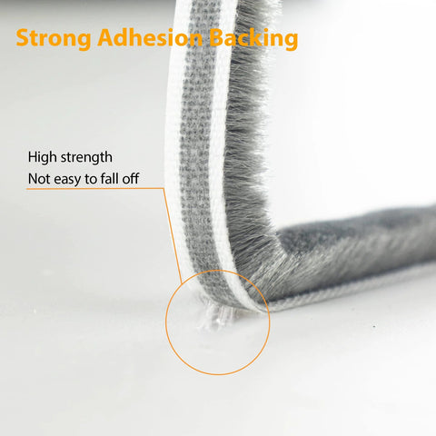 Bruiefpap gray self-adhesive weather strip for doors/windows; close-up of brush bristles, 0.35 in wide x 0.35 in thick