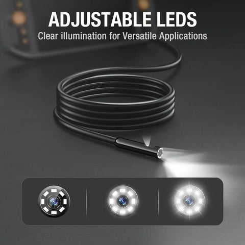 Coiled cable and LED light of Dual Lens Endoscope With Light For Auto HVAC Wall And Home Inspections Mechanic Borescope Camera