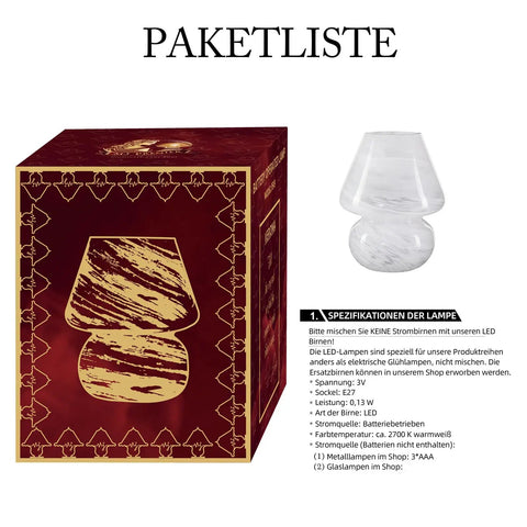 Cordless Mushroom Lamp With Battery Power And Timer, Vintage Nebula Design package and glass model for cozy cloud decor.