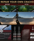 Hella Reliable Nano Glass Repair Fluid Windshield Fix Kit For Quick Invisible Patching Of Car Chips And Star Shaped Cracks Fast Emergency Auto Mirror Window Restoration Tool before and after images of repaired windshield with kit.