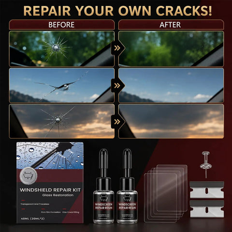 Hella Reliable Nano Glass Repair Fluid Windshield Fix Kit For Quick Invisible Patching Of Car Chips And Star Shaped Cracks Fast Emergency Auto Mirror Window Restoration Tool before and after images of repaired windshield with kit.