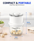 Mini Electric Garlic chopper with 350ml Thick Glass Bowl and Upgraded 6 Stainless Steel Blades, measuring 6in x 4in.