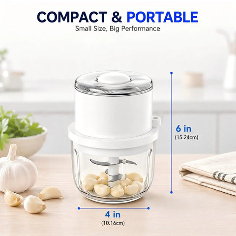 Mini Electric Garlic chopper with 350ml Thick Glass Bowl and Upgraded 6 Stainless Steel Blades, measuring 6in x 4in.