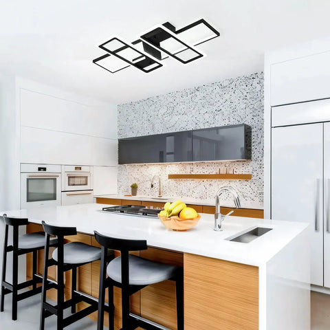 Dope Black 95W Flush Mount LED Ceiling Light With Four Interlocking Squares Modern Windmill Design In Metal And Acrylic 6000K Cool White Fixture For Living Room Bedroom Kitchen in a modern kitchen setting