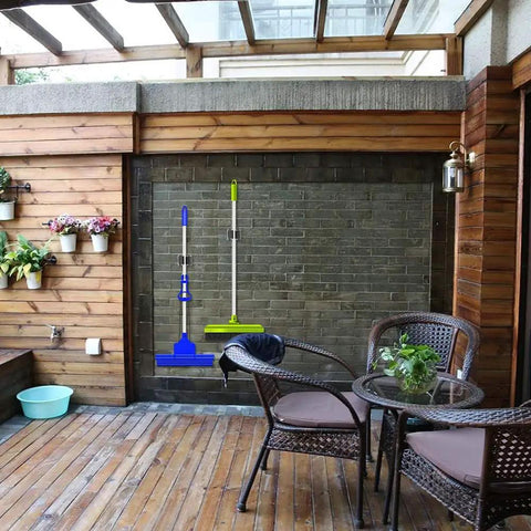 Heavy Duty Wall Mounted Mop Broom Holder Rack Set Of 10 Clips in outdoor patio, holding mop and broom against brick wall