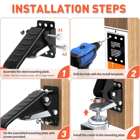 SPACEKEEPER Workbench Casters Kit, 3-in retractable casters, 880 lb capacity, mounting plates, 4-pack