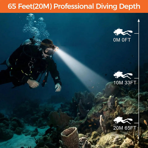 Scuba diver using Rechargeable Underwater Diving Headlamp With 4 Modes IPX8 Waterproof Scuba Flashlight underwater