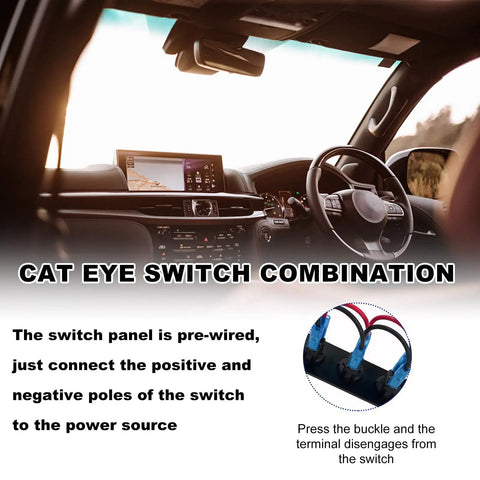 Three Gang Rugged Rocker Toggle Switch Panel With DC 12V 20A Waterproof Blue LED Round Switches installed in a car dashboard