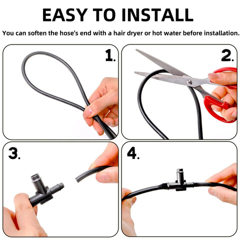 Automotive nylon vacuum hose kit front-view diagram; shows cutting hose and mounting into black vacuum tee.