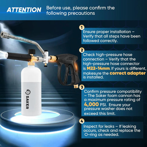 Foam Cannon Dual Connector Accessory For Pressure Washer Kit With Dual Connector And Adjustable Nozzles For Quick Easy Car Wash And Shine High Pressure Washer Gun Includes 5 Sprayer Nozzles shown with installation instructions and compatibility guidelines.