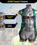 Mannequin wearing Roofing Safety Kit With Full Body Harness, 25 Ft Vertical Rope, Anchor System, green and black harness detail.