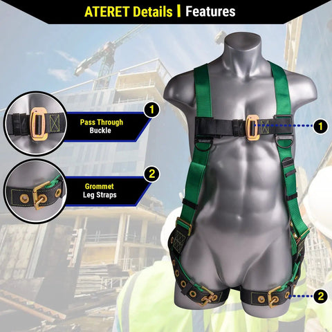 Close-up of green full body harness on mannequin with pass through buckle and grommet leg straps for Roofing Safety Kit With Full Body Harness, 50 Foot Vertical Rope, Anchor Set, Tool Lanyard And Duffle Bag In Green For Fall Protection On Roofs Your Go To Gear Ready To Use On Any Jobsite With Durable Pouch And Comfortable All Day Wear.