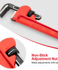 Close-up of 36 Inch Heavy Duty Pipe Wrench With Adjustable Aluminum Body And Floating Hook Jaw Rust Resistant Red I Beam Handle