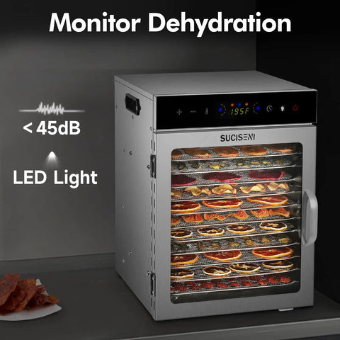 Top Shelf Heavy Duty Food Dehydrator With 12 Sleek Stainless Steel Trays showing dehydrating fruits and jerky.