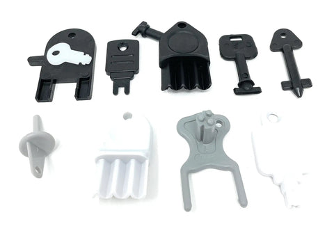 Master Dispenser Key Ring Set With 27 Common Paper Towel And Toilet Paper Keys for Janitors shown with black, white, and gray keys.