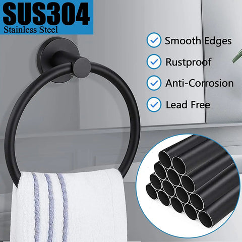 Matte Black Towel Ring For Bathroom And Kitchen Wall Mount, Heavy-Duty Stainless Steel Towel Holder with white towel, close-up.