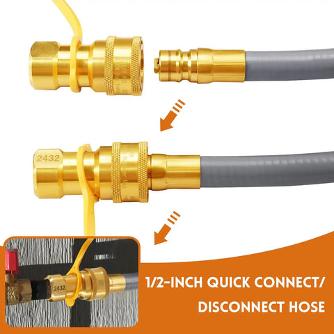 Six Foot Natural Gas Hose With Quick Connect Fitting For Grills Generators Patio Heaters And More Low Pressure One Half Inch Inner Diameter CSA Certified Flexible And Durable Gas Line For Outdoor Appliances in use, showing 1/2-inch quick connect fittings.