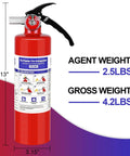 Multipurpose 2.5 Lb ABC Dry Chemical Fire Extinguisher rated 1A 10B C with instructional label and black handle.