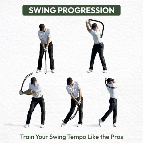 Golf Swing Tempo Trainer With Weighted Rope Training Aid demonstrating swing progression steps on white background.