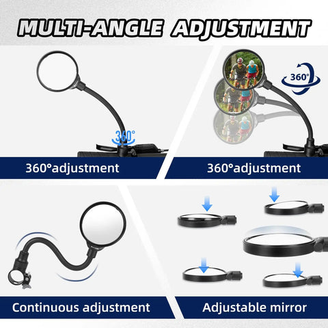 Rear View Bike Mirror Mount With Adjustable Rotatable Head, Wide Angle Acrylic Convex Safety Mirror, multi-angle adjustment