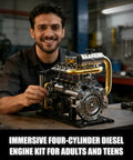 Man showcasing Ultra Realistic Inline 4 Cylinder Diesel Engine Kit With Motor For Adults And Teens, Lego Compatible MOC