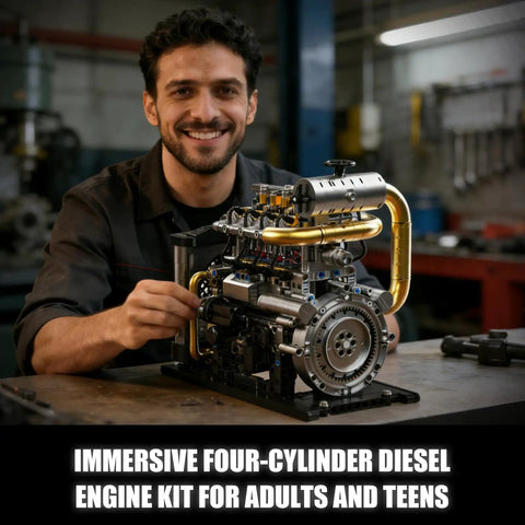 Man showcasing Ultra Realistic Inline 4 Cylinder Diesel Engine Kit With Motor For Adults And Teens, Lego Compatible MOC
