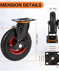 Badass 8 Inch Rubber Caster Wheels 4 Pack Swivel With Brake dimensions 8-inch wheel, 2-inch wide, dual ball bearings for heavy loads.