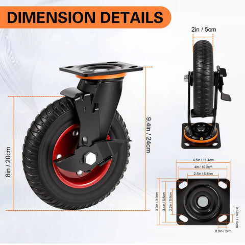 Badass 8 Inch Rubber Caster Wheels 4 Pack Swivel With Brake dimensions 8-inch wheel, 2-inch wide, dual ball bearings for heavy loads.