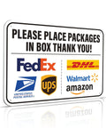 Please Place Packages In Box Sign 11.7 By 8 Inches Weatherproof Delivery Instructions Sticker on white background