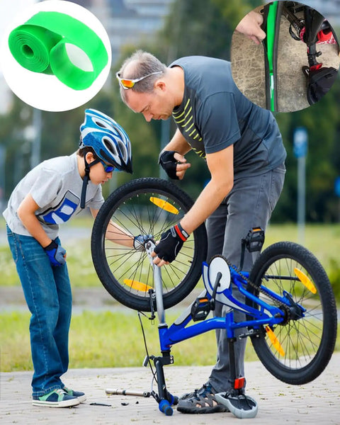 Parent teaching child to install bike tire with Bike Tire Liner Set for Mountain Bikes 2 Liners Puncture Protection visible.