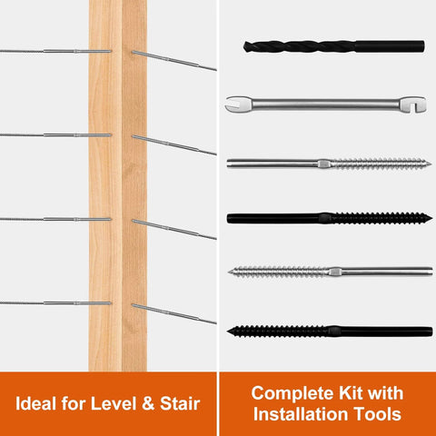 Heavy Duty Swage Lag Screws For Cable Railing 80 Pack One Eighth Inch Cable Railing Hardware Kit T316 Stainless Steel Left And Right Handed Threads For Wood Post Deck And Stair Railing System; metal screws and installation tools displayed.