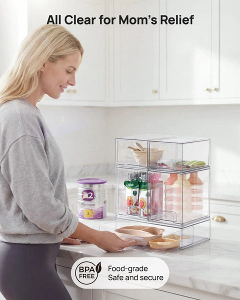 Clear Stackable Storage Drawers Set Of 5 Plastic Organizer Bins With Built In Handles For Countertop Space Saving Storage in kitchen.