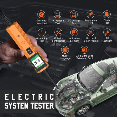 Power Circuit Probe Tester Kit for Automotive Electrical Systems with 0-65 Volts test light and vehicle diagram