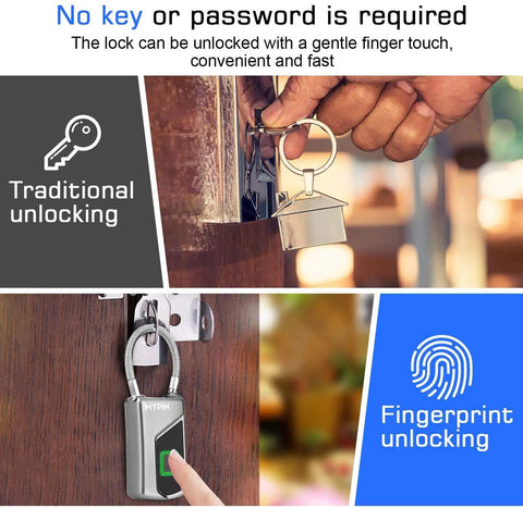 Keyless Fingerprint Padlock With Key Backup Waterproof Smart Lock For Gym Bags Luggage Backpack Bike And Office Auto Recognition Finger Unlock No Key Hassle Easy To Use And Keep Your Stuff Safe Anywhere, showing traditional and fingerprint unlocking.