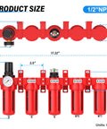 Front view of Beefed Up Industrial Grade 5 Stage Air Drying System with dimensions, showing red 1/2 inch NPT connections.