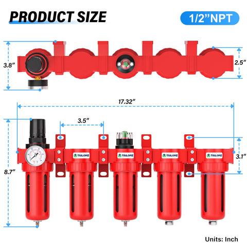 Front view of Beefed Up Industrial Grade 5 Stage Air Drying System with dimensions, showing red 1/2 inch NPT connections.
