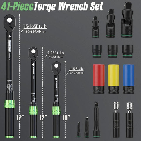 Heavy Duty Pro Grade Torque Wrench Set One Quarter Inch Three-Eighths Inch One Half Inch Drive 41-Piece Kit With Sockets And Extensions 72-Tooth Ratchet 3 Percent Accuracy CR-V Steel For Auto Bike Moto Repair And Industrial Use, 3 wrenches