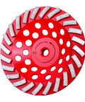 Diamond Grinding Wheel 7 Inch For Angle Grinder With 24 Segments Turbo Row Cup Wheel For Concrete Cement Masonry Medium Bond Arbor 5/8-11 178mm Diameter Pro Grade Heavy Duty Fast Smooth Grinding, red front view