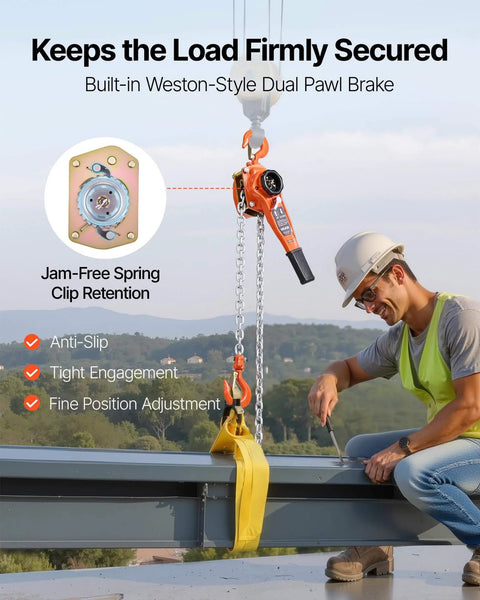 Man operating 1 Ton Lever Chain Hoist With 10 Ft Lift G80 Chain Dual Pawl Mechanical Brake 360 Degree Hooks in outdoor setting