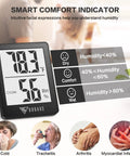 Digital Hygrometer Indoor Thermometer With 5 Second Refresh Ultra Accurate Temperature And Humidity Monitor For Home Bedroom Baby Room Office Greenhouse And Cellar Black Finish displaying temperature and humidity with comfort levels.
