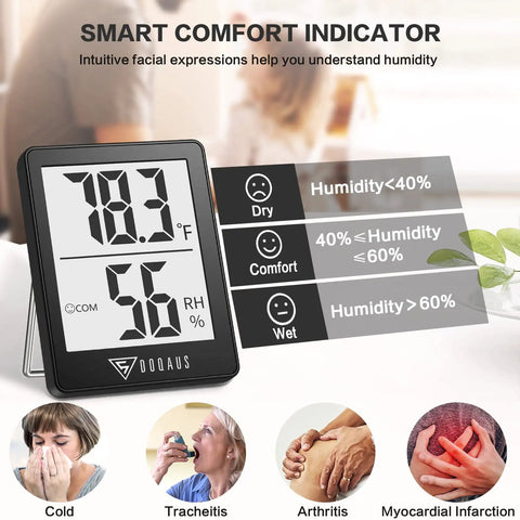 Digital Hygrometer Indoor Thermometer With 5 Second Refresh Ultra Accurate Temperature And Humidity Monitor For Home Bedroom Baby Room Office Greenhouse And Cellar Black Finish displaying temperature and humidity with comfort levels.