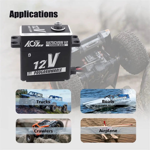 Waterproof 45Kg Beefy Torque RC Servo 12V Programmable Metal Gear Coreless Digital Smart Servo For One Eighth And One Tenth RC Cars And Trucks Control Angle 180 Degrees SA75CVSW V2 with application examples for trucks, boats, crawlers, and airplanes.