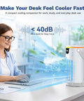 4 In 1 Personal Portable AC Cooler With Ice Water Mist on desk next to woman using laptop, showing quiet cooling